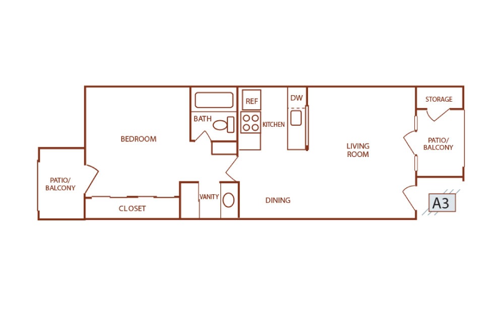 A3 - 1 bedroom floorplan layout with 1 bath and 554 square feet. A3 - 1 bedroom floorplan layout with 1 bath and 554 square feet.