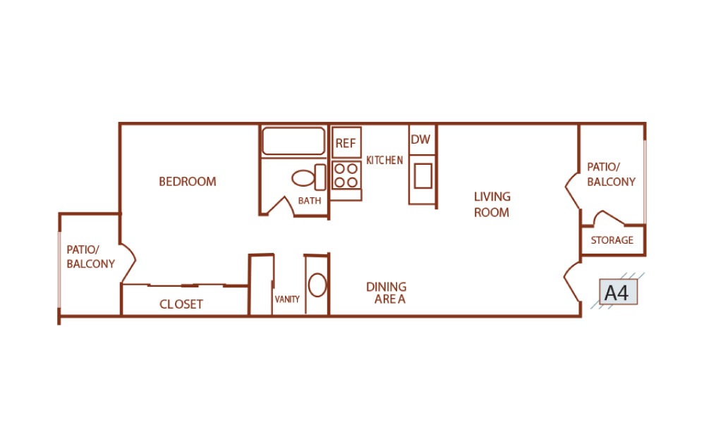 A4 - 1 bedroom floorplan layout with 1 bath and 585 square feet. A4 - 1 bedroom floorplan layout with 1 bath and 585 square feet.